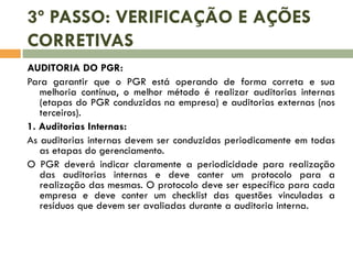 3º PASSO: VERIFICAÇÃO E AÇÕES
CORRETIVAS
AUDITORIA DO PGR:
Para garantir que o PGR está operando de forma correta e sua
melhoria contínua, o melhor método é realizar auditorias internas
(etapas do PGR conduzidas na empresa) e auditorias externas (nos
terceiros).
1. Auditorias Internas:
As auditorias internas devem ser conduzidas periodicamente em todas
as etapas do gerenciamento.
O PGR deverá indicar claramente a periodicidade para realização
das auditorias internas e deve conter um protocolo para a
realização das mesmas. O protocolo deve ser específico para cada
empresa e deve conter um checklist das questões vinculadas a
resíduos que devem ser avaliadas durante a auditoria interna.
 