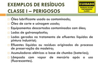 EXEMPLOS DE RESÍDUOS
CLASSE I – PERIGOSOS
 Óleo lubrificante usado ou contaminado;
 Óleo de corte e usinagem usado;
 Equipamentos descartados contaminados com óleo;
 Lodos de galvanoplastia;
 Lodos gerados no tratamento de efluentes líquidos de
pintura industrial;
 Efluentes líquidos ou resíduos originados do processo
de preservação da madeira;
 Acumuladores elétricos a base de chumbo (baterias);
 Lâmpada com vapor de mercúrio após o uso
(fluorescentes).
 