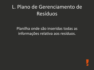 L. Plano de Gerenciamento de
Resíduos
Planilha onde são inseridas todas as
informações relativa aos resíduos.
 