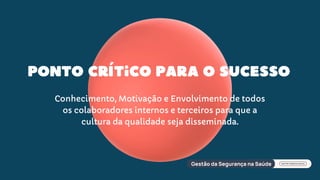 Ponto Crítico para o sucesso
Conhecimento, Motivação e Envolvimento de todos
os colaboradores internos e terceiros para que a
cultura da qualidade seja disseminada.
 