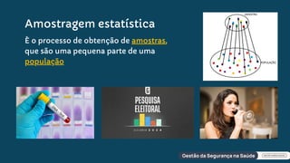 Amostragem estatística
È o processo de obtenção de amostras,
que são uma pequena parte de uma
população
 