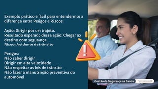 Exemplo prático e fácil para entendermos a
diferença entre Perigos e Riscos:
Ação: Dirigir por um trajeto.
Resultado esperado dessa ação: Chegar ao
destino com segurança.
Risco: Acidente de trânsito
Perigos:
Não saber dirigir
Dirigir em alta velocidade
Não respeitar as leis de trânsito
Não fazer a manutenção preventiva do
automóvel
 