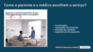 Como o paciente e o médico escolhem o serviço?
localização;
reputação do hospital;
decisão do médico;
experiência do paciente.
 
