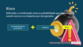 Probabilidade de
ocorrência
Impacto Risco
Risco
Definição: a combinação entre a probabilidade que determinado
evento ocorra e os impactos por eles gerados.
 