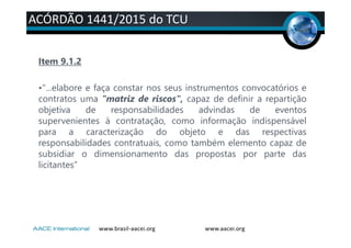 ACÓRDÃO 1441/2015 do TCU
Item 9.1.2
•"...elabore e faça constar nos seus instrumentos convocatórios e
contratos uma "matriz de riscos", capaz de definir a repartição
objetiva de responsabilidades advindas de eventos
supervenientes à contratação, como informação indispensável
para a caracterização do objeto e das respectivas
responsabilidades contratuais, como também elemento capaz de
subsidiar o dimensionamento das propostas por parte das
licitantes”
 