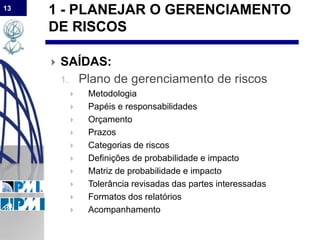 13
1 - PLANEJAR O GERENCIAMENTO
DE RISCOS
 SAÍDAS:
1. Plano de gerenciamento de riscos
 Metodologia
 Papéis e responsabilidades
 Orçamento
 Prazos
 Categorias de riscos
 Definições de probabilidade e impacto
 Matriz de probabilidade e impacto
 Tolerância revisadas das partes interessadas
 Formatos dos relatórios
 Acompanhamento
 