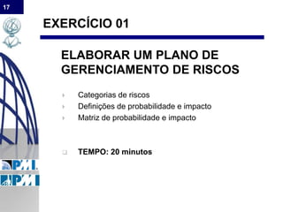 17
EXERCÍCIO 01
ELABORAR UM PLANO DE
GERENCIAMENTO DE RISCOS
 Categorias de riscos
 Definições de probabilidade e impacto
 Matriz de probabilidade e impacto
 TEMPO: 20 minutos
 