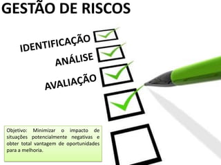 GESTÃO DE RISCOS
Objetivo: Minimizar o impacto de
situações potencialmente negativas e
obter total vantagem de oportunidades
para a melhoria.
 