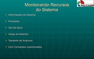 Monitorando Recursos do Sistema Informações do Sistema Processos Uso de disco Carga do Sistema Tamanho de Arquivos Com Comandos customizados 
