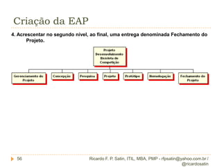 ExercícioBaseado no nosso estudo de caso, definaEscopo do ProjetoXEscopo do ProdutoX Escopo do Cliente15 minutosRicardo F. P. Satin, ITIL, MBA, PMP - rfpsatin@yahoo.com.br / @ricardosatin19
