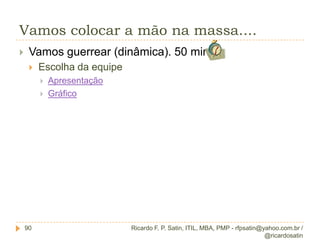 Coletar requisitosO que ele deve conter (Saídas)?Matriz de rastreabilidade dos requisitos.Mapeamento entre os requisitos às suas origens durante o ciclo de vida;Ligação entre EAP X Requisitos X AtividadesValidação x VerificaçãoValidação:  Em casa;Verificação: Com Cliente;Formatando doc. p/ requisito!20 minutosPense em no máximo 4 itens iniciais!Ricardo F. P. Satin, ITIL, MBA, PMP - rfpsatin@yahoo.com.br / @ricardosatin39