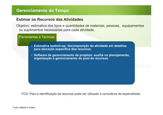 Gerenciamento do Tempo

   Estimar os Recursos das Atividades
   Objetivo: estimativa dos tipos e quantidades de materiais, pessoas, equipamentos
    ou suprimentos necessárias para cada atividade.

      Ferramentas e Técnicas

                   • Estimativa bottom-up: decomposição da atividade em detalhes
                     para alocação específica dos recursos.
                   • Software de gerenciamento de projetos: auxilia no planejamento,
                     organização e gerenciamento do pool de recursos.




         FCS: Para a identificação de recursos pode ser utilizado a consultoria de especialistas.



Fonte: PMBOK 4th Edition
 