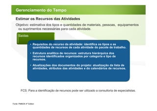 Gerenciamento do Tempo

   Estimar os Recursos das Atividades
   Objetivo: estimativa dos tipos e quantidades de materiais, pessoas, equipamentos
    ou suprimentos necessárias para cada atividade.

      Saídas

                   • Requisitos do recurso da atividade: identifica os tipos e as
                     quantidades de recursos de cada atividade do pacote de trabalho.
                   • Estrutura analítica de recursos: estrutura hierárquica dos
                     recursos identificados organizados por categoria e tipo de
                     recursos.
                   • Atualizações dos documentos do projeto: atualização da lista de
                     atividades, atributos das atividades e do calendários de recursos.




         FCS: Para a identificação de recursos pode ser utilizado a consultoria de especialistas.



Fonte: PMBOK 4th Edition
 