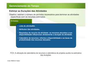 Gerenciamento do Tempo

   Estimar as Durações das Atividades
   Objetivo: estimar o número de períodos necessários para terminar as atividades
    específicas com os recursos estimados.

      Entradas

                   • Lista de atividades.
                   • Atributos das atividades.
                   • Requisitos do recurso da atividade: os recursos alocados e sua
                     disponibilidade influenciam diretamente a duração da atividade.
                   • Calendário de recursos: informa a disponibilidade e as taxas de
                     produtividade dos recursos alocados.




     FCS: A utilização de calendários de recursos e calendários de projetos auxilia na estimativa
                                           das durações.


Fonte: PMBOK 4th Edition
 