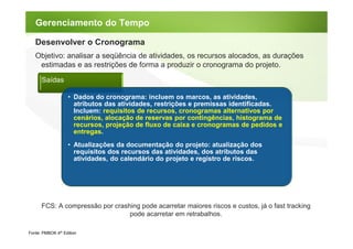 Gerenciamento do Tempo

   Desenvolver o Cronograma
   Objetivo: analisar a seqüência de atividades, os recursos alocados, as durações
    estimadas e as restrições de forma a produzir o cronograma do projeto.

      Saídas

                   • Dados do cronograma: incluem os marcos, as atividades,
                     atributos das atividades, restrições e premissas identificadas.
                     Incluem: requisitos de recursos, cronogramas alternativos por
                     cenários, alocação de reservas por contingências, histograma de
                     recursos, projeção de fluxo de caixa e cronogramas de pedidos e
                     entregas.
                   • Atualizações da documentação do projeto: atualização dos
                     requisitos dos recursos das atividades, dos atributos das
                     atividades, do calendário do projeto e registro de riscos.




      FCS: A compressão por crashing pode acarretar maiores riscos e custos, já o fast tracking
                                 pode acarretar em retrabalhos.

Fonte: PMBOK 4th Edition
 