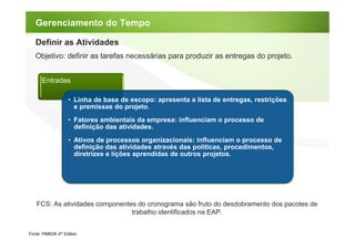 Gerenciamento do Tempo

   Definir as Atividades
   Objetivo: definir as tarefas necessárias para produzir as entregas do projeto.


      Entradas

                   • Linha de base de escopo: apresenta a lista de entregas, restrições
                     e premissas do projeto.
                   • Fatores ambientais da empresa: influenciam o processo de
                     definição das atividades.
                   • Ativos de processos organizacionais: influenciam o processo de
                     definição das atividades através das políticas, procedimentos,
                     diretrizes e lições aprendidas de outros projetos.




   FCS: As atividades componentes do cronograma são fruto do desdobramento dos pacotes de
                                trabalho identificados na EAP.


Fonte: PMBOK 4th Edition
 