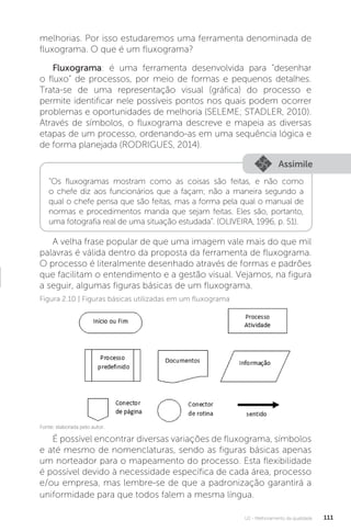U2 - Melhoramento da qualidade 111
Figura 2.10 | Figuras básicas utilizadas em um fluxograma
melhorias. Por isso estudaremos uma ferramenta denominada de
fluxograma. O que é um fluxograma?
Fluxograma: é uma ferramenta desenvolvida para “desenhar
o fluxo” de processos, por meio de formas e pequenos detalhes.
Trata-se de uma representação visual (gráfica) do processo e
permite identificar nele possíveis pontos nos quais podem ocorrer
problemas e oportunidades de melhoria (SELEME; STADLER, 2010).
Através de símbolos, o fluxograma descreve e mapeia as diversas
etapas de um processo, ordenando-as em uma sequência lógica e
de forma planejada (RODRIGUES, 2014).
A velha frase popular de que uma imagem vale mais do que mil
palavras é válida dentro da proposta da ferramenta de fluxograma.
O processo é literalmente desenhado através de formas e padrões
que facilitam o entendimento e a gestão visual. Vejamos, na figura
a seguir, algumas figuras básicas de um fluxograma.
É possível encontrar diversas variações de fluxograma, símbolos
e até mesmo de nomenclaturas, sendo as figuras básicas apenas
um norteador para o mapeamento do processo. Esta flexibilidade
é possível devido à necessidade específica de cada área, processo
e/ou empresa, mas lembre-se de que a padronização garantirá a
uniformidade para que todos falem a mesma língua.
Assimile
“Os fluxogramas mostram como as coisas são feitas, e não como
o chefe diz aos funcionários que a façam; não a maneira segundo a
qual o chefe pensa que são feitas, mas a forma pela qual o manual de
normas e procedimentos manda que sejam feitas. Eles são, portanto,
uma fotografia real de uma situação estudada”. (OLIVEIRA, 1996, p. 51).
Fonte: elaborada pelo autor.
 