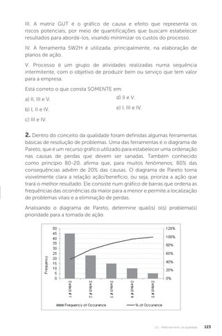 U2 - Melhoramento da qualidade 123
III. A matriz GUT é o gráfico de causa e efeito que representa os
riscos potenciais, por meio de quantificações que buscam estabelecer
resultados para abordá-los, visando minimizar os custos do processo.
IV. A ferramenta 5W2H é utilizada, principalmente, na elaboração de
planos de ação.
V. Processo é um grupo de atividades realizadas numa sequência
intermitente, com o objetivo de produzir bem ou serviço que tem valor
para a empresa.
Está correto o que consta SOMENTE em:
a) II, III e V.
b) I, II e IV.
c) III e IV.
2. Dentro do conceito da qualidade foram definidas algumas ferramentas
básicas de resolução de problemas. Uma das ferramentas é o diagrama de
Pareto, que é um recurso gráfico utilizado para estabelecer uma ordenação
nas causas de perdas que devem ser sanadas. Também conhecido
como princípio 80-20, afirma que, para muitos fenômenos, 80% das
consequências advêm de 20% das causas. O diagrama de Pareto torna
visivelmente clara a relação ação/benefício, ou seja, prioriza a ação que
trará o melhor resultado. Ele consiste num gráfico de barras que ordena as
frequências das ocorrências da maior para a menor e permite a localização
de problemas vitais e a eliminação de perdas.
Analisando o diagrama de Pareto, determine qual(is) o(s) problema(s)
prioridade para a tomada de ação.
d) II e V.
e) I, III e IV.
 