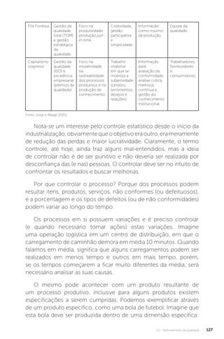 U2 - Melhoramento da qualidade 127
Nota-se um interesse pelo controle estatístico desde o início da
industrialização,obviamentequeoobjetivoeraoutro,erameramente
de redução das perdas e maior lucratividade. Claramente, o termo
controle, até hoje, ainda traz alguns mal-entendidos, mas a ideia
de controlar não é de ser punitivo e não deveria ser realizada por
desconfiança das (e nas) pessoas. O controlar deve ser no intuito de
confrontar os resultados e buscar melhorias.
Por que controlar o processo? Porque dos processos podem
resultar itens, produtos, serviços, não conformes (ou defeituosos),
e a porcentagem e os tipos de defeitos (ou de não conformidades)
podem variar ao longo do tempo.
Os processos em si possuem variações e é preciso controlar
(e quando necessário tomar ações) estas variações. Imagine
uma operação logística em um centro de distribuição, em que o
carregamento de caminhão demora em média 10 minutos. Quando
falamos em média, significa que alguns carregamentos podem ser
realizados em menos tempo e outros em mais tempo, porém,
se os tempos começarem a ficar muito diferentes da média, será
necessário analisar as suas causas.
O mesmo pode acontecer com um produto resultante de
um processo produtivo, inclusive para alguns produtos existem
especificações a serem cumpridas. Podemos exemplificar através
de um produto especifico, como uma bola de futebol. Imagine que
esta bola deve ser produzida dentro de uma dimensão específica:
Pós Fordista Gestão da
qualidade
total (TQM)
e gestão
estratégica
da
qualidade.
Foco na
produtividade;
produção just-
in-time
Criatividade,
gestão
participativa
e
simplicidade.
Informação
como insumo
da produção.
Equipe da
qualidade.
Capitalismo
cognitivo
Gestão da
qualidade
(ISO) e
excelência
empresarial
(prêmios da
qualidade).
Foco na
inovatividade,
na
rastreabilidade
dos processos
produtivos e na
produção de
conhecimento.
Trabalho
imaterial
em que se
mobiliza a
subjetividade
(cérebro,
sentimentos,
desejos e
relações)
Informação
para
avaliação da
conformidade,
análise crítica,
melhoria
contínua e
gestão do
conhecimento
institucional.
Trabalhadores,
fornecedores
e
consumidores.
Fonte: Jorge e Albagli (2015).
 