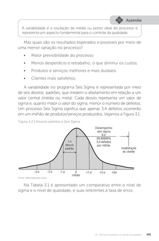 U3 - Técnicas emergentes em gestão da qualidade 141
Mas quais são os resultados esperados e possíveis por meio de
uma menor variação no processo?
• Maior previsibilidade do processo.
• Menos desperdício e retrabalho, o que diminui os custos.
• Produtos e serviços melhores e mais duráveis.
• Clientes mais satisfeitos.
A variabilidade no programa Seis Sigma é representada por meio
de seis desvios padrões, que medem o afastamento em relação a um
valor central (média ou meta). Cada desvio representa um valor de
sigma e, quanto maior o valor do sigma, menor o número de defeitos.
Um processo Seis Sigma significa que apenas 3,4 defeitos ocorrerão
em um milhão de produtos/serviços produzidos. Vejamos a Figura 3.1.
Na Tabela 3.1 é apresentado um comparativo entre o nível de
sigma e o nível de qualidade, e suas referentes à taxa de erros.
Figura 3.2 | Desvios padrões e Seis Sigma
Assimile
A variabilidade é a oscilação da média ou ponto ideal do processo e
representa um aspecto fundamental para o controle da qualidade.
Fonte: elaborada pelo autor.
 