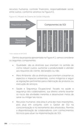 U4 - Programas e certificações da qualidade
202
recursos humanos, controle financeiro, responsabilidade social,
entre outros, conforme veremos na Figura 4.1.
Dentro da proposta apresentada na Figura 4.1, vamos considerar
os seguintes componentes:
• Qualidade: são as diretrizes que orientam no sentido de
como reduzir custos, aumentar a produtividade e atender
aos requisitos do cliente, declarados ou não.
• Meio Ambiente: são as diretrizes que orientam a levantar os
aspectos e impactos ambientais, como mitigá-los e seguir
as legislações pertinentes para a fabricação de produtos ou
execução de serviços.
• Saúde e Segurança Ocupacional: focado na saúde e
segurança dos colaboradores, sua diretriz orienta levantar
os riscos das atividades inerentes e desenvolver meios de
sanar ou mitigar tais riscos.
• Recursos Humanos: esta área é uma das mais importantes,
pois atua em conjunto com o Gestor de SGI na
conscientização e no treinamento dos envolvidos. Permite
a disponibilização de colaboradores com conhecimentos
técnicos para atuar na implementação do SGI.
Figura 4.1 | Modelo de Sistema de Gestão Integrada
Fonte: adaptado de QSP (2003).
Componentes do SGI
Qualidade
Requisitos comuns
Requisitos
específicos
Meio
ambiente
Saúde
e
segurança
ocupacional
Recursos
humanos
Recursos
financeiros
Responsabilidade
social
Outros
 