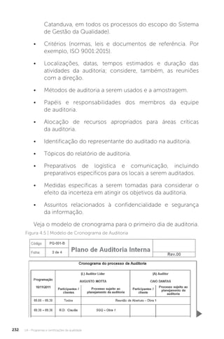 U4 - Programas e certificações da qualidade
232
Catanduva, em todos os processos do escopo do Sistema
de Gestão da Qualidade).
• Critérios (normas, leis e documentos de referência. Por
exemplo, ISO 9001:2015).
• Localizações, datas, tempos estimados e duração das
atividades da auditoria; considere, também, as reuniões
com a direção.
• Métodos de auditoria a serem usados e a amostragem.
• Papéis e responsabilidades dos membros da equipe
de auditoria.
• Alocação de recursos apropriados para áreas críticas
da auditoria.
• Identificação do representante do auditado na auditoria.
• Tópicos do relatório de auditoria.
• Preparativos de logística e comunicação, incluindo
preparativos específicos para os locais a serem auditados.
• Medidas específicas a serem tomadas para considerar o
efeito da incerteza em atingir os objetivos da auditoria.
• Assuntos relacionados à confidencialidade e segurança
da informação.
Veja o modelo de cronograma para o primeiro dia de auditoria.
Figura 4.5 | Modelo de Cronograma de Auditoria
 