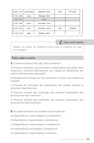 U4 - Programas e certificações da qualidade 233
Fonte: <http://www.totalqualidade.com.br/2014/02/plano-da-auditoria-de-iso-9001.html>. Acesso em: 29 set. 2016
Faça você mesmo
Elabore um plano de auditoria interna para a empresa em que
você trabalha.
Faça valer a pena
1. Conforme Oliveira (2015, pág. 106) a auditoria é:
a) Processo sistemático, documentado e independente para poder obter
evidencias e avalia-las objetivamente com relação ao atendimento dos
critérios definidos pela organização.
b) Atividade de fiscalizção que foca identificar os erros e seus respectivos
culpados.
c) Processo de verificação das necessidades dos clientes, perante os
processos organizacionais.
d) Processo pontual para verificação dos requisites quantitativos dos
processos de maior relevância.
e) Processo pontual para verificação dos requisites quantitativos dos
processos de maior relevância.
2. As auditorias devem ser pautadas nos princípios de:
a) Independência, imparcialidade e incompetência.
b) Dependência, imparcialidade e competência.
c) Independência, imparcialidade e competência.
d) Independência, parcialidade e competência.
e) Independência, imparcialidade e coerência.
 