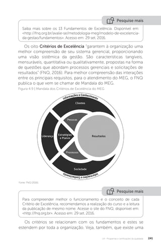 U4 - Programas e certificações da qualidade 241
Figura 4.9 | Mandala dos Critérios de Excelência do MEG
Fonte: FNQ (2016).
Os oito Critérios de Excelência “garantem à organização uma
melhor compreensão de seu sistema gerencial, proporcionando
uma visão sistêmica da gestão. São características tangíveis,
mensuráveis, quantitativa ou qualitativamente, propostas na forma
de questões que abordam processos gerenciais e solicitações de
resultados” (FNQ, 2016). Para melhor compreensão das interações
entre os principais requisitos, para o atendimento do MEG, o FNQ
publica o que vem se chamar de Mandala do MEG.
Pesquise mais
Pesquise mais
Saiba mais sobre os 13 Fundamentos de Excelência. Disponível em:
<http://fnq.org.br/avalie-se/metodologia-meg/modelo-de-excelencia-
da-gestao/fundamentos>. Acesso em: 29 set. 2016.
Para compreender melhor o funcionamento e o conceito de cada
Critério de Excelência, recomendamos a realização do curso e a leitura
da publicação de mesmo nome. Acesse o site do FNQ, disponível em:
<http://fnq.org.br>. Acesso em: 29 set. 2016.
Os critérios se relacionam com os fundamentos e estes se
estendem por toda a organização. Veja, também, que existe uma
 