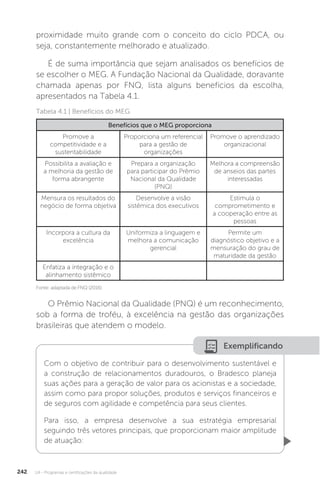 U4 - Programas e certificações da qualidade
242
proximidade muito grande com o conceito do ciclo PDCA, ou
seja, constantemente melhorado e atualizado.
É de suma importância que sejam analisados os benefícios de
se escolher o MEG. A Fundação Nacional da Qualidade, doravante
chamada apenas por FNQ, lista alguns benefícios da escolha,
apresentados na Tabela 4.1.
O Prêmio Nacional da Qualidade (PNQ) é um reconhecimento,
sob a forma de troféu, à excelência na gestão das organizações
brasileiras que atendem o modelo.
Fonte: adaptada de FNQ (2016).
Tabela 4.1 | Benefícios do MEG
Benefícios que o MEG proporciona
Promove a
competitividade e a
sustentabilidade
Proporciona um referencial
para a gestão de
organizações
Promove o aprendizado
organizacional
Possibilita a avaliação e
a melhoria da gestão de
forma abrangente
Prepara a organização
para participar do Prêmio
Nacional da Qualidade
(PNQ)
Melhora a compreensão
de anseios das partes
interessadas
Mensura os resultados do
negócio de forma objetiva
Desenvolve a visão
sistêmica dos executivos
Estimula o
comprometimento e
a cooperação entre as
pessoas
Incorpora a cultura da
excelência
Uniformiza a linguagem e
melhora a comunicação
gerencial
Permite um
diagnóstico objetivo e a
mensuração do grau de
maturidade da gestão
Enfatiza a integração e o
alinhamento sistêmico
Exemplificando
Com o objetivo de contribuir para o desenvolvimento sustentável e
a construção de relacionamentos duradouros, o Bradesco planeja
suas ações para a geração de valor para os acionistas e a sociedade,
assim como para propor soluções, produtos e serviços financeiros e
de seguros com agilidade e competência para seus clientes.
Para isso, a empresa desenvolve a sua estratégia empresarial
seguindo três vetores principais, que proporcionam maior amplitude
de atuação:
 