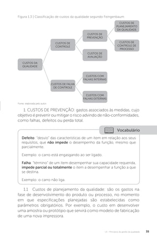 U1 - Princípios da gestão da qualidade 35
1. CUSTOS DE PREVENÇÃO: gastos associados às medidas, cujo
objetivo é prevenir ou mitigar o risco advindo de não-conformidades,
como falhas, defeitos ou perda total.
1.1 Custos de planejamento da qualidade: são os gastos na
fase de desenvolvimento do produto ou processo, no momento
em que especificações planejadas são estabelecidas como
parâmetros obrigatórios. Por exemplo, o custo em desenvolver
uma amostra ou protótipo que servirá como modelo de fabricação
de uma nova impressora.
Fonte: elaborada pelo autor.
Figura 1.3 | Classificação de custos da qualidade segundo Feingenbaum
CUSTOS DA
QUALIDADE
CUSTOS DE
CONTROLE
CUSTOS DE
PREVENÇÃO
CUSTOS DE
PLANEJAMENTO
DA QUALIDADE
CUSTOS COM
FALHAS INTERNAS
CUSTOS DE
AVALIAÇÃO
CUSTOS DE
CONTROLE DE
PROCESSO
CUSTOS COM
FALHAS EXTERNAS
CUSTOS DE FALHA
DE CONTROLE
Vocabulário
Defeito: “desvio” das características de um item em relação aos seus
requisitos, que não impede o desempenho da função, mesmo que
parcialmente.
Exemplo: o carro está engasgando ao ser ligado.
Falha: “término” de um item desempenhar sua capacidade requerida,
impede parcial ou totalmente o item a desempenhar a função a que
se destina.
Exemplo: o carro não liga.
 