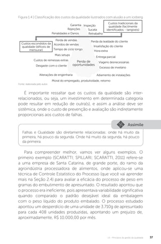 U1 - Princípios da gestão da qualidade 37
Fonte: elaborada pelo autor.
Figura 1.4 | Classificação dos custos da qualidade ilustrados com alusão a um iceberg
Perda de
oportunidades
Custos tradicionais da
qualidade (facilmente
identificados - tangíveis)
Custos escondidos da
qualidade (difíceis de
mensurar)
Garantia
Rejeições
Penalidades e Danos
Inspeção
Sucata
Retrabalho
Perda da lealdade do cliente
Insatisfação do cliente
Hora extra
Entrega parcial
Viagens desnecessárias
Excesso de invetário
Adiamento de instalações
Alterações de engenharia
Desgaste com o cliente
Custos de remessas extras
Mais setups
Tempo de ciclo longo
Acordos de vendas
Perda de vendas
Moral do empregado, produtividade, retorno
É importante ressaltar que os custos da qualidade são inter-
relacionados, ou seja, um investimento em determinada categoria
pode resultar em redução de outra(s), e assim a análise deve ser
sistêmica, onde o custo de prevenção e avaliação são indiretamente
proporcionais aos custos de falhas.
Para compreender melhor, vamos ver alguns exemplos. O
primeiro exemplo (SCARATTI; SPILLARI; SCARATTI, 2011) refere-se
a uma empresa de Santa Catarina, de grande porte, do ramo da
agroindústria processadora de alimentos, onde aplicou-se uma
técnica de Controle Estatístico do Processo (que você vai aprender
mais na Seção 2.4) para avaliar a eficácia do processo de peso em
gramas do embutimento de apresuntado. O resultado apontou que
o processo era ineficiente, pois apresentava variabilidade significativa
quando comparado o padrão desejável ideal da embalagem
com o peso líquido do produto embalado. O processo estudado
apontou um desperdício de uma unidade de 3.710g de apresuntado
para cada 408 unidades produzidas, apontando um prejuízo de,
aproximadamente, R$ 10.000,00 por mês.
Assimile
Falhas e Qualidade são diretamente relacionadas: onde há muito da
primeira, há pouco da segunda. Onde há muito da segunda, há pouco
da primeira.
 