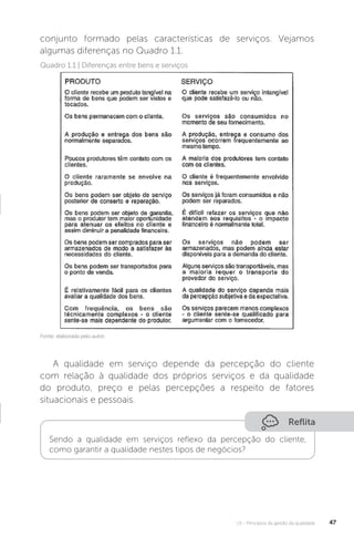 U1 - Princípios da gestão da qualidade 47
Fonte: elaborada pelo autor.
Quadro 1.1 | Diferenças entre bens e serviços
conjunto formado pelas características de serviços. Vejamos
algumas diferenças no Quadro 1.1.
A qualidade em serviço depende da percepção do cliente
com relação à qualidade dos próprios serviços e da qualidade
do produto, preço e pelas percepções a respeito de fatores
situacionais e pessoais.
Reflita
Sendo a qualidade em serviços reflexo da percepção do cliente,
como garantir a qualidade nestes tipos de negócios?
 