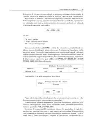 Gerenciamento de Recursos Materiais 159
do controle de estoque, compreendendo as ações gerenciais para determinação do
“quanto” comprar. As ações relacionadas ao “quando” comprar serão vistas adiante.
A estimativa do material a ser comprado depende do consumo mensal das uni-
dades hospitalares, ou seja, da soma das “cotas” de todas as unidades, cujos valores
são calculados com base na média aritmética do consumo, podendo ser estimada
pela seguinte expressão matemática:
CM = CMM + ES
em que:
CM = cota mensal
CMM = consumo médio mensal
ES = estoque de segurança
O consumo médio mensal (CMM) é a média dos valores do material utilizado nos
últimos meses, dividido pelo número de meses. A cota mensal baseada na média
aritmética móvel é o método mais usado no meio hospitalar (TOSCAN, 1990), pois
permite prever o consumo para o próximo período, conforme o consumo médio do
período anterior. Esse período é arbitrário, mas recomenda-se que seja, no mínimo,
de três meses ou superior ou igual a 12 meses (CASTILHO e LEITE, 1991; ROSA;
GOMES; REIS, 2001). Exemplificando:
Unidades Mensais Consumidas
Material Janeiro Fevereiro Março
Seringa 10 ml 200 240 220
Para calcular o CMM de seringas de 10 ml, seria:
Para o cálculo da média aritmética móvel a cada novo mês, acrescenta-se o valor
do consumo mais recente e despreza-se o mais antigo.
Existem outros métodos para calcular a previsão de consumo, tais como: con-
sumo do último período, média móvel ponderada, média ponderada exponencial,
mínimos quadrados (CHIAVENATO, 1991).
O estoque de segurança (ES) ou estoque mínimo é a quantidade de cada item
que deve ser mantida como reserva para garantir a continuidade do atendimento
caso haja elevação brusca no consumo ou atraso no suprimento (ROSA; GOMES;
REIS, 2001). A forma mais simples e empírica de calcular o ES é acrescentar, à cota
 