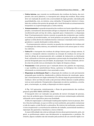 Gerenciamento de Recursos Físicos e Ambientais 187
• Coleta interna, que consiste no recolhimento dos resíduos da lixeira, dos reci-
pientes, dos sacos plásticos, e o transporte até o abrigo dos resíduos. Essa coleta
deve ser realizada de acordo com a necessidade do órgão gerador, calculada pela
quantidade/dia, com, no mínimo, uma coleta/dia. O transporte interno é o trans-
lado dos resíduos dos pontos de geração até o local destinado ao armazenamento
temporário ou à apresentação para a coleta externa.
• Armazenamento é a guarda temporária dos resíduos em locais específicos e apro-
priados, normalmente denominados abrigos ou depósito de resíduos, à espera do
recolhimento pelo serviço de coleta, seguindo para o tratamento e a disposição
final. O armazenamento interno consiste na guarda dos recipientes que contêm
os resíduos já acondicionados, em local próximo aos pontos de geração, visando
agilizar a coleta dentro do estabelecimento e otimizar o translado entre os pontos
geradores e o ponto destinado à coleta externa.
O armazenamento externo consiste na guarda dos recipientes de resíduos até
a realização da coleta externa, em ambiente exclusivo com acesso para os veícu-
los coletores.
• Coleta II é o transporte dos resíduos do abrigo interno para o abrigo externo. A
coleta e o transporte externo consistem na remoção do resíduos do serviço do
local de abrigo de armazenamento até a unidade de tratamento ou destinação
final, utilizando-se técnicas que garantam a preservação da integridade física do
pessoal designado para essa atividade, da população e do meio ambiente, deven-
do estar de acordo com as orientações dos órgãos de limpeza urbana.
• Tratamento é todo processo que é realizado dentro dos padrões de segurança,
e que modifica as características físicas, químicas ou biológicas dos resíduos,
eliminando ou minimizando o risco associado a estes.
• Disposição ou destinação final é a disposição de resíduos no solo previamente
preparado para recebê-los, obedecendo a critérios técnicos de construção, opera-
ção e licenciamento em órgão ambiental. É a última etapa do gerenciamento dos
resíduos e deve ser feita de modo a não provocar efeitos danosos à saúde pública
nem ao meio ambiente. Compreende a disposição em aterros sanitários, a recicla-
gem, a incineração, ou, ainda, a disposição em aterro especial.
A Fig. 14.3 apresenta, sinteticamente, o fluxo do gerenciamento dos resíduos
proposto pela RDC-306/04 (ANVISA, 2006).
O transporte deve ser realizado nos períodos de menor circulação de pessoas,
sem risco de acidente para o funcionário e sem provocar contaminação ambiental,
utilizando carros específicos para essa finalidade.
A falta de organização e a destinação inadequada impõem riscos às pessoas, den-
tro e fora da instituição, no que se refere ao meio ambiente, pois podem contaminar
a rede de esgoto, a rede fluvial e a atmosfera. No interior da instituição, aumentam
o risco ocupacional e a ocorrência de acidentes de trabalho, aumentando também a
exposição dos pacientes e familiares a riscos evitáveis.
A maior dificuldade não está na indicação técnica desse gerenciamento, pois, em
geral, os profissionais sabem usar devidamente os equipamentos e produtos. No
entanto, alguns cuidados não são tomados pela ausência de um controle rígido e es-
 