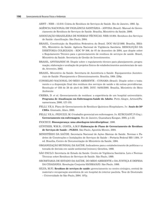 190 Gerenciamento de Recursos Físicos e Ambientais
ABNT – NBR – 12.810. Coleta de Resíduos de Serviços de Saúde. Rio de Janeiro, 1993. 3p.
AGÊNCIA NACIONAL DE VIGILÂNCIA SANITÁRIA – ANVISA (Brasil). Manual de Geren-
ciamento de Resíduos de Serviços de Saúde. Brasília, Ministério da Saúde, 2006.
ASSOCIAÇÃO BRASILEIRA DE NORMAS TÉCNICAS. NBR-10.004. Resíduos dos Serviços
de Saúde: classificação. São Paulo, 2004.
BRASIL. Constituição da República Federativa do Brasil. DOU 05/12/1988. Brasília, BRA-
SIL, Ministério da Saúde. Agência Nacional de Vigilância Sanitária. RESOLUÇÃO DA
DIRETORIA COLEGIADA – RDC No 306, de 07 de dezembro de 2004, que dispõe sobre
o Regulamento Técnico para o gerenciamento de resíduos de serviços de saúde. Brasil,
Ministério da Saúde. Secretaria de Gestão de Investimentos.
BRASIL. ANVISA/RDC-50. Dispõe sobre o regulamento técnico para planejamento, progra-
mação, elaboração e avaliação de projetos físicos de estabelecimentos assistenciais de saú-
de, fevereiro, 2002.
BRASIL. Ministério da Saúde. Secretaria de Assistência à Saúde. Equipamentos Assisten-
ciais de Saúde: Planejamento e Dimensionamento. Brasília, 1994. 239p.
CONSELHO NACIONAL DO MEIO AMBIENTE – CONAMA (Brasil). Dispõe sobre o trata-
mento e a disposição final dos resíduos dos serviços de saúde e dá outras providências.
Resolução no 358 de 29 de abril de 2005. DOU: 04/05/2005. Brasília, Ministério do Meio
Ambiente.
CREMA, D. et al. Gerenciamento de resíduos: a experiência de um hospital universitário.
Programa de Atualização em Enfermagem-Saúde do Adulto. Porto Alegre, Artmed/Pa-
namericana, 2006; 127-155.
FELLI, V.E.A. Plano de Gerenciamento de Resíduos Químicos Hospitalares. In: Anais do 56o
CBEn. Gramado, Aben, 2003.
FELLI, V.E.A.; PEDUZZI, M. O trabalho gerencial em enfermagem. In: KURCGANT, P (Org.).
Gerenciamento em enfermagem. Rio de Janeiro, Guanabara Koogan, 2005, p.1-22.
FIOCRUZ. Biossegurança: uma abordagem interdisciplinar, 1996.
GÜNTHER, W.M.R.; COSTA, A.M.P
. Elaboração de Plano de Gerenciamento de Resíduos
de Serviços de Saúde – PGRSS. São Paulo, Apostila Mimeo, 2004.
MINISTÉRIO DA SAÚDE. Secretaria Nacional de Ações Básicas de Saúde. Normas e Pa-
drões de Construções e Instalações de Serviços de Saúde – Portaria Federal MS 1.884, 1a
ed. Brasília, Centro de Documentação do Ministério da Saúde, 1994.
ORGANIZAÇÃO MUNDIAL DA SAÚDE. Indicadores para o estabelecimento de políticas e a
tomada de decisão em saúde ambiental [mimeo]. Genebra, 1998.
SÃO PAULO. Secretaria de Estado da Saúde. Centro de Vigilância Sanitária. Leis e Normas
Técnicas sobre Resíduos de Serviços de Saúde. São Paulo, 1999.
SECRETARIA DE ESTADO DA SAÚDE, DO MEIO AMBIENTE e DA JUSTIÇA E DEFESA
DA CIDADANIA. Resolução Conjunta SS/SMA/SJD. São Paulo, 1998.
SILVA, M.F
.I. Resíduos de serviços de saúde: gerenciamento no centro cirúrgico, central de
material e recuperação anestésica de um hospital do interior paulista. Tese de Doutorado
– Universidade de São Paulo, 2004. 107p.
 