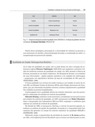 A Qualidade e a Avaliação dos Serviços de Saúde e de Enfermagem 73
Diante desse paradigma, pressupõe-se a necessidade de valorizar as pessoas, a
sua autonomia em decidir, a descentralização do poder, a socialização do saber e a
reorganização do processo de trabalho.
n Qualidade em Saúde: Retrospectiva Histórica
Ao se falar de qualidade em saúde, não se pode deixar de citar a atuação da en-
fermeira inglesa Florence Nightingale (1820-1910), que implantou o primeiro mo-
delo de melhoria contínua da qualidade em saúde, em 1854, durante a Guerra da
Crimeia, baseando-se em dados estatísticos. No Hospital de Scutari, os resultados
de suas intervenções – rígidos padrões sanitários e de cuidados de enfermagem
– propiciaram um significativo declínio da taxa de mortalidade de 40% para 2%
(NOGUEIRA, 1996).
O tema qualidade nos serviços de saúde começou a ser tratado no início do sé-
culo XX, nos Estados Unidos da América (EUA), pelo Colégio Americano de Cirur-
giões, que, por intermédio de padrões mínimos, avaliava regularmente a qualidade
dos cuidados às pessoas hospitalizadas.
A preocupação com a qualidade advém do contexto industrial, cujo foco princi-
pal foi a elaboração de métodos de controle da qualidade.
Edwards Deming, estatístico norte-americano, considerado um dos precursores
dos estudos de controle de qualidade, em 1927, juntamente com Walter Shewhart,
físico e pesquisador dos Laboratórios Bell nos EUA, empregou a estatística para
elaborar um método de controle de qualidade.
Na década de 1950, no pós-guerra, Deming, a convite do governo japonês, in-
troduziu as práticas de gestão da qualidade, tornando-se o responsável pelo trei-
namento dos gerentes no campo de controle estatístico da qualidade (MALIK e
SCHIESARI, 1998).
Referente, ainda, à característica da atividade de controle, J. M. Juran publica,
em 1951, o livro Quality Control Handbook, que se tornou um clássico para os estu-
FASE CONCEITO EIXO
Inspeção Conforme especificações Produto
Controle da qualidade Conforme especificações Processo
Garantia da qualidade Adequação ao uso Prevenção
Qualidade total Satisfação do cliente Pessoas
Fig. 7.1 Sinopsedaevoluçãodoconceitodequalidade.Fonte:CHECCHIA,R.L.Aevoluçãodaqualidadeedosrecur-
sos humanos. Ser humano (São Paulo), 1992; 82:47-49.
 