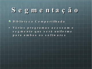 Segmentação Biblioteca Compartilhada Vários programas acessam o segmento que será uniforme para ambos os softwares 