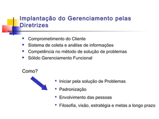 Implantação do Gerenciamento pelas
Diretrizes

   Comprometimento do Cliente
   Sistema de coleta e análise de informações
   Competência no método de solução de problemas
   Sólido Gerenciamento Funcional


Como?
                 Iniciar pela solução de Problemas
                 Padronização
                 Envolvimento das pessoas
                 Filosofia, visão, estratégia e metas a longo prazo
 