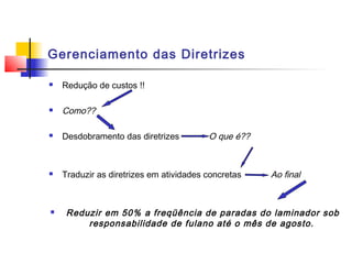 Gerenciamento das Diretrizes

   Redução de custos !!

   Como??

   Desdobramento das diretrizes         O que é??


   Traduzir as diretrizes em atividades concretas   Ao final


    Reduzir em 50% a freqüência de paradas do laminador sob
         responsabilidade de fulano até o mês de agosto.
 