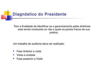 Diagnóstico do Presidente

Tem a finalidade de identificar se o gerenciamento pelas diretrizes
   esta sendo conduzida ou não e quais os pontos fracos de sua
                                pratica;



Um trabalho de auditoria deve ser realizado:

   Fase Anterior a visita
   Visita a unidade
   Fase posterior a Visita
 