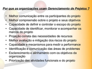 Por que as organizações usam Gerenciamento de Projetos ? Melhor comunicação entre os participantes do projeto Melhor compreensão sobre o projeto e seus objetivos Capacidade de definir e controlar o escopo do projeto Capacidade de identificar, monitorar e acompanhar os marcos do projeto Projeção correta das necessidades de recursos Melhor avaliação e mitigação dos riscos do projeto Capacidade e mecanismos para medir a performance Identificação e comunicação das áreas de problemas Esclarecimento e alinhamento com os objetivos da organização Priorização das atividades funcionais e do projeto 