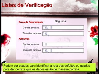 Erros de FaturamentoErros de Faturamento
Contas erradas
Quantias erradas
A/R ErrosA/R Erros
Contas erradas
Quantias erradas
Segunda
Podem ser usadas para identificar a rota dos defeitos ou usadas
para dar certeza que os dados estão de maneira correta
Podem ser usadas para identificar a rota dos defeitos ou usadas
para dar certeza que os dados estão de maneira correta
Listas de VerificaçãoListas de Verificação
 