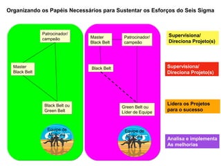 Patrocinador/
campeão
Patrocinador/
campeão
Master
Black Belt
Master
Black Belt
Black Belt ou
Green Belt
Black Belt ou
Green Belt
Equipe de
Melhoria
Equipe de
Melhoria
Patrocinador/
campeão
Patrocinador/
campeão
Black BeltBlack Belt
Green Belt ou
Líder de Equipe
Green Belt ou
Líder de Equipe
Equipe de
Melhoria
Equipe de
Melhoria
Supervisiona/
Direciona Projeto(s)
Supervisiona/
Direciona Projeto(s)
Lidera os Projetos
para o sucesso
Analisa e implementa
As melhorias
Organizando os Papéis Necessários para Sustentar os Esforços do Seis Sigma
Master
Black Belt
Master
Black Belt
 