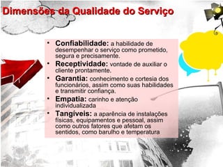 Dimensões da Qualidade do ServiçoDimensões da Qualidade do Serviço
• Confiabilidade: a habilidade de
desempenhar o serviço como prometido,
segura e precisamente.
• Receptividade: vontade de auxiliar o
cliente prontamente.
• Garantia: conhecimento e cortesia dos
funcionários, assim como suas habilidades
e transmitir confiança.
• Empatia: carinho e atenção
individualizada
• Tangíveis: a aparência de instalações
físicas, equipamentos e pessoal, assim
como outros fatores que afetam os
sentidos, como barulho e temperatura
 