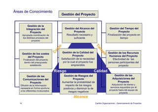 Áreas de Conocimiento
                                         Gestión del Proyecto


             Gestión de la
            Integración del                Gestión del Alcance del                    Gestión del Tiempo del
               Proyecto                           Proyecto                                    Proyecto
        Apropiada coordinación de           Resultado necesario y                    Finalización del proyecto en
         los distintos procesos del               suficiente                                    tiempo
                   proyecto




        Gestión de los costes             Gestión de la Calidad del                   Gestión de los Recursos
            del P
            d l Proyecto
                       t                           Proyecto                            Humanos del Proyecto
        Finalización del proyecto        Satisfacción de la necesidad                     Efectividad de las
         dentro del presupuesto           por la cual el proyecto fue                 personas participantes del
               establecido                        emprendido                                  proyecto

                                      Riesgo                        Calidad
          Gestión de las                   Gestión de Riesgos del                          Gestión de las
        Comunicaciones del                         Proyecto                               Adquisiciones del
            Proyecto                     Aumentar la probabilidad d
                                         A       t l     b bilid d de                        Proyecto
   Difusión de la información               impacto de los riesgos                       Adquisición de bienes y
   necesaria en forma oportuna                                                          servicios requeridos por el
                                          positivos y disminuir la de
   a los diferentes involucrados                                                       proyecto fuera del equipo de
                                              riesgos negativos                                  proyecto
                                                   Alcance
   14                                                                   Cambio Organizacional – Gerenciamiento de Proyectos
 