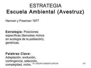 ESTRATEGIA
Escuela Ambiental (Avestruz)
Hannan y Freeman 1977


Estrategia: Posiciones
específicas (llamadas nichos
en ecología de la población),
genéricas.


Palabras Clave:
Adaptación, evolución,
contingencia, selección,
complejidad, nicho. Dr. EDGAR CONDOR CAPCHA   101
 