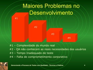 Maiores Problemas no Desenvolvimento #1 – Complexidade do mundo real #2 - QA não conhecem as reais necess i dades dos usuários #3 – Tempo Inadequado de teste #4 – Falta de comprometimento corporativo  #1 #2 #3 #4 