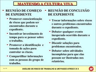 June 1998 REUNIÃO DE COMEÇO DE EXPEDIENTE   Promover conscientização de riscos que podem ser encontrados durante o expediente. Incentivar investimento de tempo para se pensar sobre o trabalho. Promover a identificação  e tomada de ações para controlar os riscos. Compartilhar informações com as pessoas do grupo de trabalho. REUNIÃO DE   CONCLUSÃO DE EXPEDIENTE Trocar informações sobre riscos e outros problemas encontrados durante o expediente. Debater qualquer evento inesperado ocorrido durante o expediente. Discutir soluções para problemas encontrados. Debater sobre atividades incompletas para que elas possam ser ilustradas nos relatórios. MANTENDO A CULTURA VIVA 