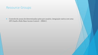 Resource Groups
 Controle de acesso de determinadas ações por usuário, integração nativa com uma
API Oauth e Role-Base Access Control – (RBAC)
 