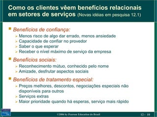 Como os clientes vêem benefícios relacionais
em setores de serviços (Novas idéias em pesquisa 12.1)

 Benefícios de confiança:
   Menos risco de algo dar errado, menos ansiedade
   Capacidade de confiar no provedor
   Saber o que esperar
   Receber o nível máximo de serviço da empresa

 Benefícios sociais:
   Reconhecimento mútuo, conhecido pelo nome
   Amizade, desfrutar aspectos sociais

 Benefícios de tratamento especial:
   Preços melhores, descontos, negociações especiais não
    disponíveis para outros
   Serviços extras
   Maior prioridade quando há esperas, serviço mais rápido


                        ©2006 by Pearson Education do Brasil   12 - 10
 
